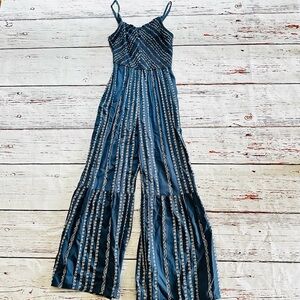 Boho Blue Patterned Wide Leg Jumpsuit | Smocked Top | Flowy